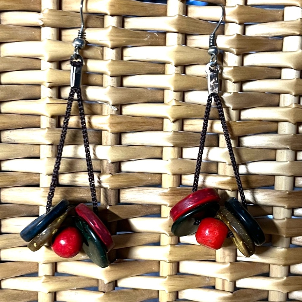 Colorful Wooden Disc Dangle Pierced Earrings 3 Inch Cord Ethnic Festival Boho
